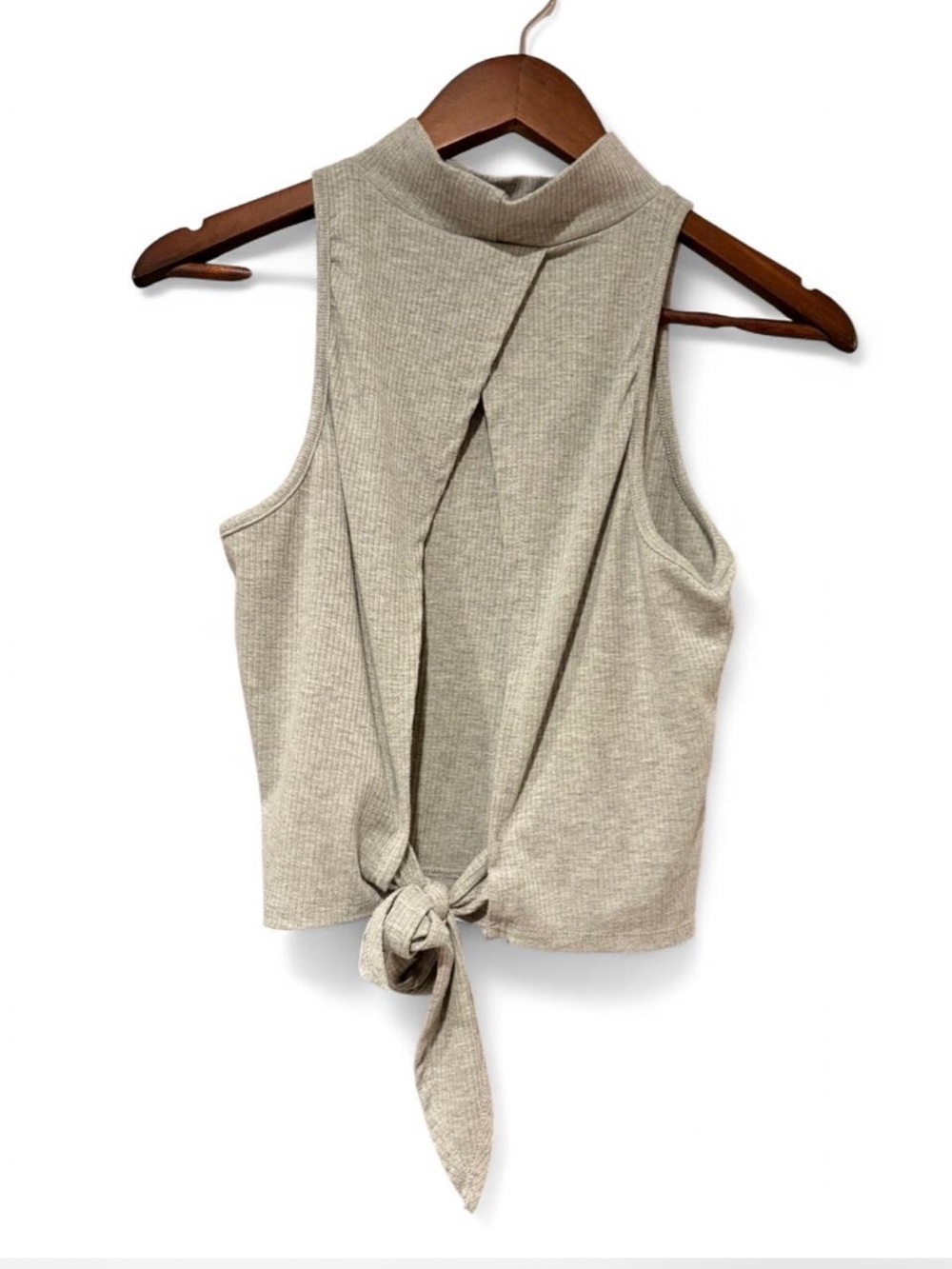 Alya Ribbed Mock Neck Tie-Back Tank | Gray | Large - Picture 3 of 5